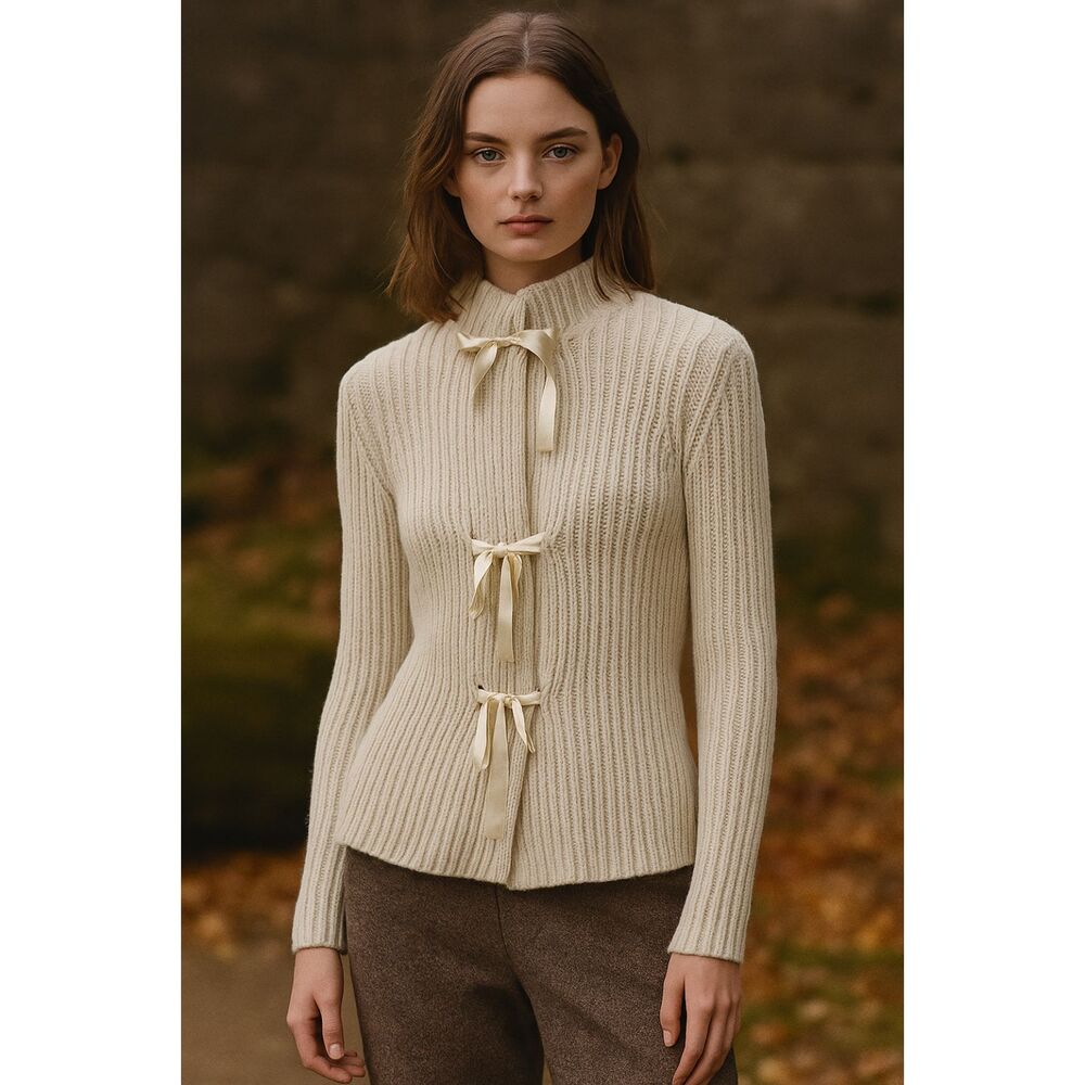 Fisherman Out of Ireland Lambswool Knit Ribbed Ribbon Tied Cardigan in Ecru S